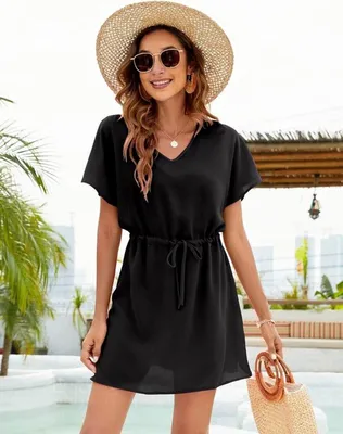 V-Ausschnitt Strandkleid für Frauen, kurze Ärmel, lässiges Sommeroutfit mit Gürtel, ideal zum Schwimmen und für den Urlaub