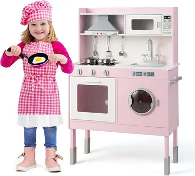 Imagen del producto de Cocina de juguete Silecomplaza para niños, cocina de madera que incluye campana extractora, lavadora, sonidos reales y luces, juego de cocina para niños a partir de 3 años, color rosa (71 x 29 x 101 cm)