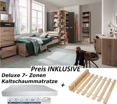 Produktbild von Jugendzimmer Cariba von Wimex 10 teilig in Eiche San Remo und Graphit Komplett Set INKLUSIVE Deluxe Matratze und Lattenrost, Kinderzimmer, Jugendmöbel