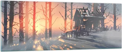 Produktbild von Bilder auf glas - Winter Wald Hütte - 140x50cm - Glasbilder - Wandbilder - Kunstdruck - zum Aufhängen bereit - Wanddekoration aus Glas - Glas Bilder - Wandbild auf Glas - Einteilig - GAB140x50-3854