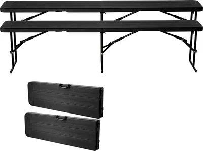 Zdjęcie produktu dla SucceBuy Przenośna ławka zespołowa Ławka kempingowa 182 cm, składana ławka na pikniki, imprezy, kempingi i posiłki, ławka piwna wykonana z HDPE (nośność: 150 kg na siedzisko), 2-częściowa z torbami do przenoszenia, czarna