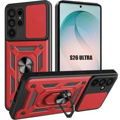 Image de Coque pour Samsung Galaxy S26 Ultra, Protection Résistante avec Anneau et Cache Caméra - Rouge