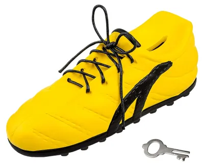 Produktbild von 3D Effekt Spardose - Fußballschuh - gelb & schwarz - mit Schlüssel und Schloss - 23 cm - stabile Sparbüchse