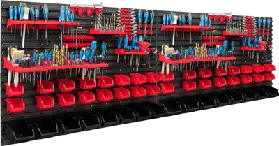 Image de Système de rangement Étagère d'atelier | 230 x 78 cm | 48 pièces Boîte | Étagère murale avec supports pour outils et boîtes empilables - Panneaux muraux Étagère à bacs extra-robuste Panneau perforé pour outils Étagère de rangement Étagère de garage