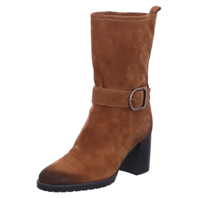 A single brown suede boot with a black heel and buckle.