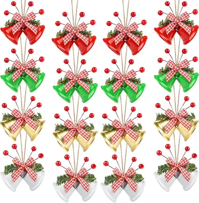 Productafbeelding van Set van 12 metalen kerstklokjes met hulstbessen in rood, groen, goud en wit