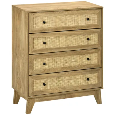 Produktbild von HOMCOM Kommode mit 4 Schubladen, Nachttischkommode aus Holz mit Rattantüren und erhöhten Beinen, für Wohnzimmer, Schlafzimmer, Büro, 80 x 35 x 95 cm, Natur