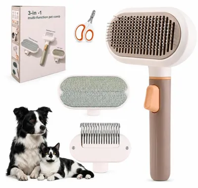 Image de Brosse 3-en-1 pour le toilettage des animaux, avec coupe-ongles intégré | Nettoyage automatique, picots en acier inoxydable, peigne démêlant | pour poils courts et longs
