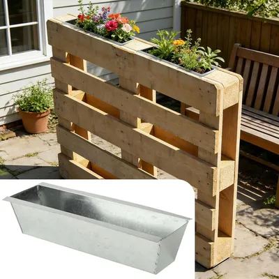 Produktbild von Premium Pflanzkasten für Europaletten aus verzinktem Metall, Paletteneinsatz mit 3 Ablauflöchern, Blumenkasten für Palettenmöbel, Silber