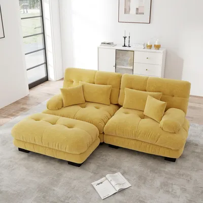 Obrázek produktu pro Dvoumístná čalouněná pohovka MODFU se 2 bederními polštáři a 2 dekorativními polštáři, pohovka ve tvaru L, lounge pohovka z chenille, s 1 podnožkou, modulární pohovka, žlutá
