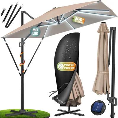 A collage of images showing a large cantilever umbrella, its cover, and a solar panel.