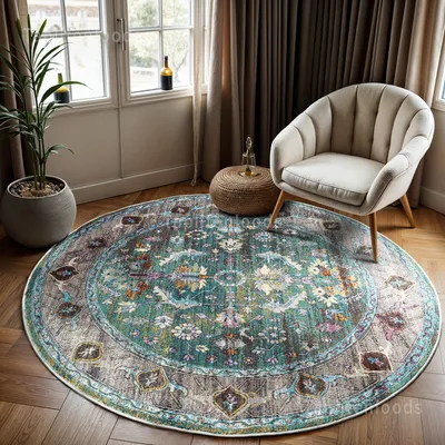 Productafbeelding van Unyqoos® Picasso Pablo Vintage rond vloerkleed, groen/meerkleurig, laagpolig, diameter 160 cm, gemakkelijk te onderhouden synthetische vezels, STANDARD 100 by