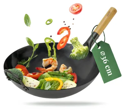 Wok aus Kohlenstoffstahl, vorgebrannt, Ø 36 cm, flacher Boden