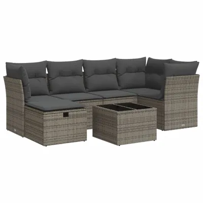 Produktbild von 7-tlg. Garten-Sofagarnitur mit Kissen Grau Poly Rattan
