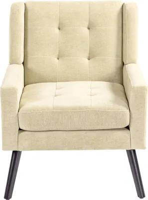 Image de Fauteuil rembourré avec capitonnage en daim – Fauteuil moderne de style milieu du siècle avec coussin en mousse haute densité et pieds en bois massif pour salon,  bureau