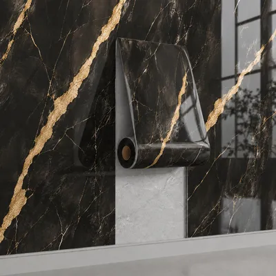 Produktbild von Wandpaneele selbstklebend SCHWARZER MARMOR 280 x 60 cm – 3D Wandverkleidung, Wandtapete in Marmoroptik | Wasserdicht | Für Wohnzimmer & Büro, KI-generiertes Bild
