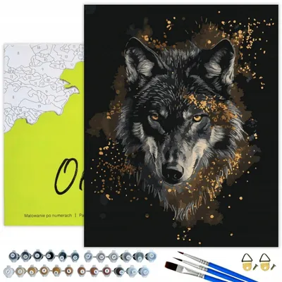 A paint-by-numbers kit featuring a wolf portrait and its components.