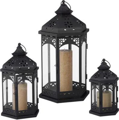 Produktbild von 3 Laternen, Metall, Dekoration für Innen- und Außenbereich, 3 Größen, Vintage-Windlichter, für Kerzen, schwarz