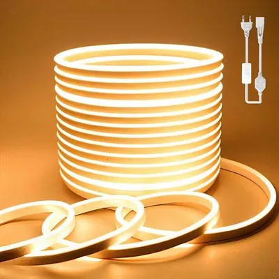 Imagen del producto de Tira de luces LED de neón, 2 metros, luz cálida, 220V, 8W/metro, flexible, IP65, resistente al agua, 120 LEDs/metro, ideal para decoración de interiores de salones, cocinas y hogares. Incluye adaptador de corriente