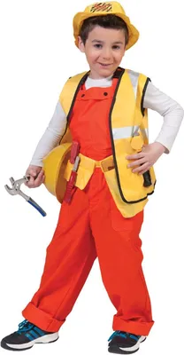 A young boy dressed as a construction worker, holding a toy helmet and pliers.
