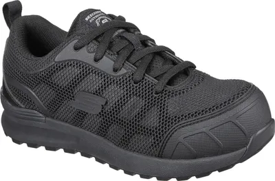 A black Skechers shoe shown from a diagonal angle against a white background.
