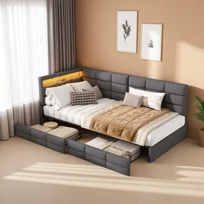 Image de Canapé-lit avec éclairage LED et USB - Lit simple 90 x 200 cm