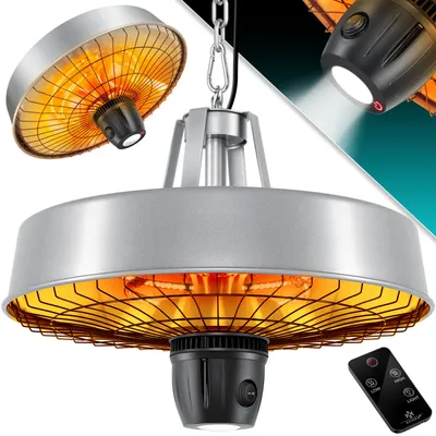 Produktbild von KESSER® Deckenheizstrahler Heizpilz Infrarot-Heizstrahler 2500W Terrassenstrahler mit Fernbedienung Quarzstrahler | LED Licht | Decke | Infrarotstrahler | mit Kette + Karabinerhaken Carbon-Heizelement