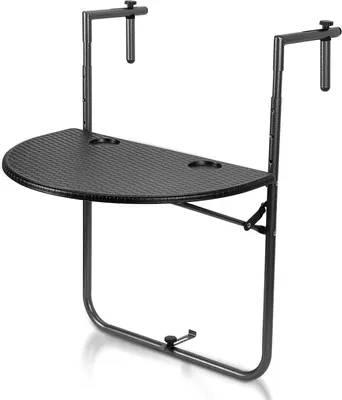 A black foldable balcony table with two cup holders, suspended from a white background.