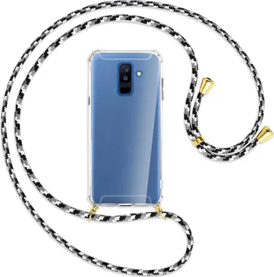 Produktbild von Handykette Backcover-Schutzhülle mit Band (Metall goldfarben) für Samsung Galaxy A6 Plus 2018 / J8 - schwarz/grau/weiß
