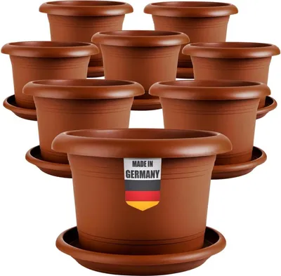 Produktbild von Großes Pflanzkübel Set terracotta mit Untersetzer, wetterfest für Garten & Balkon