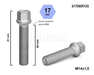 Obrázok produktu pre Skrutka kolesa M14x1,5x60 guľová skrutka R13, kľúč 17, S17D60R13G, výška 81 mm