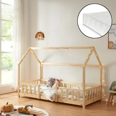 Obrázek produktu pro Dětská postel 'Sisimiut' v domácím vzhledu s matrací a ochranou proti vypadnutí borovicové dřevo 90 x 200 cm barvy dřeva