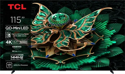 A marketing image for a TCL television, featuring a decorative butterfly graphic and product specifications.