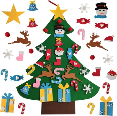Image de Arbre de Noël en feutre pour mur, pour enfants, avec 26 décorations, couleur verte, dimensions : 70 x 70 x 95 cm