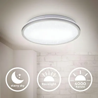 Image de B.K.Licht Plafonnier LED 18 Watt avec effet étoiles I ultraplat 4,2 cm I Ø28 cm I lumière blanche neutre 4000 K I lumière indirecte I cadre argenté