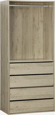 A close-up, front-facing view of a wooden wardrobe with four drawers.