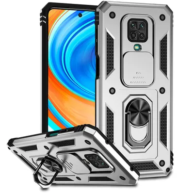 Immagine prodotto di Custodia per Xiaomi Redmi Note 9S/9 Pro/9 Pro Max a doppio strato con copertura scorrevole della fotocamera e supporto ad anello Argento