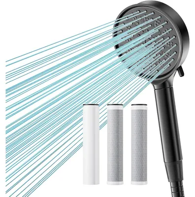 Produktbild von Duschkopf mit Schlauch, 6 Strahlarten, 20-Schicht-Filter, 2 Ersatz-Kohlefilter, Hochdruck, Sparduschkopf, gegen Kalk, für hartes Wasser, Chlor, Schwarz