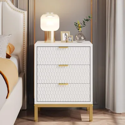 Obrázek produktu pro Noční stolek - Příruční stolek - Úložná skříňka - Komoda - Bílá a zlatá barva - 3 zásuvky - Moderní design