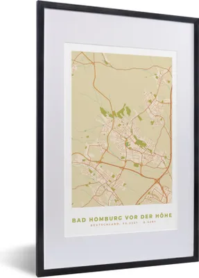 Produktbild von MuchoWow® Gerahmtes Poster Karte - Stadtplan - Bad Homburg vor der Höhe - Karte - Vintage 40x60 cm - Poster mit Schwarzem Bilderrahmen Wandposter Rahmen Foto Bilder - Poster in Rahmen