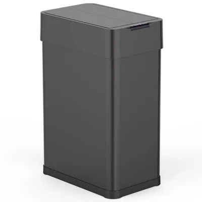 A dark gray automatic kitchen trash can with a lid, shown from a slight angle against a white background.