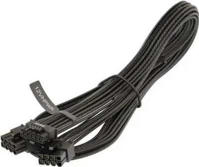 A black computer power cable with multiple connectors.