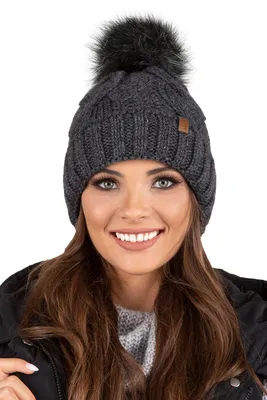 Zdjęcie produktu dla Vivisence czapka z dzianiny damska - nakrycie głowy na zimę jesienna czapka z bobble ciepła czapka zimowa damska z grubej dzianiny - ciemnoszara