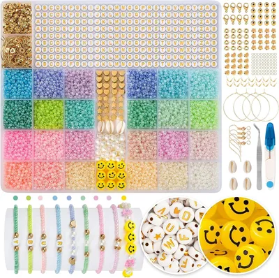 Produktbild von Perlen zum Auffädeln 12000 Stück 3mm 24 Bunte Mini Glasperlen mit 300 Buchstaben und Smiley Perlen Selber Machen Armbänder Charm Kit für DIY Armband Schmuckherstellung Kit