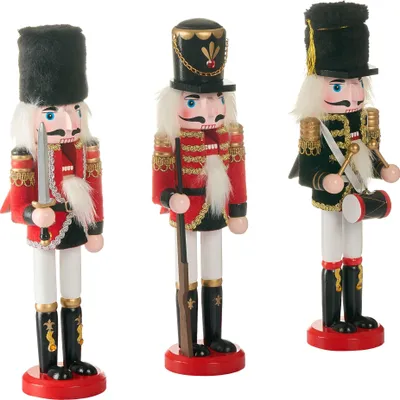 Produktbild von BELIANI Nussknacker-Figuren 3er-Set rot Kiefernholz handgefertigte Weihnachtsdeko