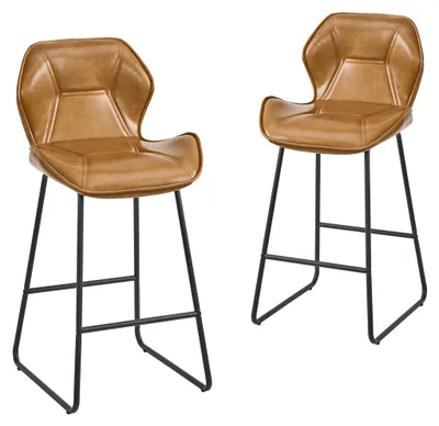 Obrázek produktu pro Sada dvou barových židlí v italském minimalistickém designu, potažených umělou kůží, s obepínací opěradlem, výškou sedáku 65 cm a kovovou podnožkou, barva hnědá
