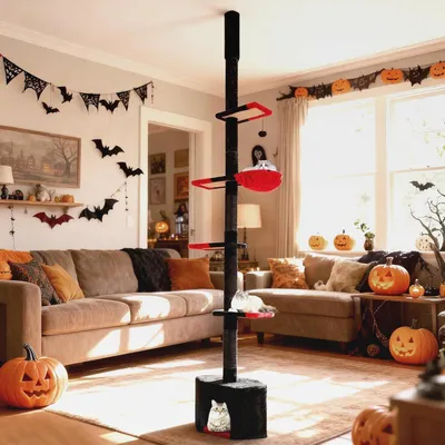 Produktbild von Kratzbaum deckenhoch, 245-300 cm, von Boden bis Decke, Gotisch Halloween, 5-stöckiger Katzenbaum, Katzenkratzbaum hoch, Kletterbaum mit Sisal-Kratzpfosten, Korb, Höhle & Plattform, Rot+Schwarz