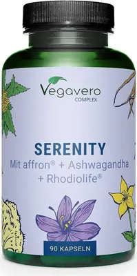 Produktbild von Vegavero Serenity | 90 Kapseln | mit Ashwagandha, Rhodiola, Johanniskraut, Safran & Hericium | vegan