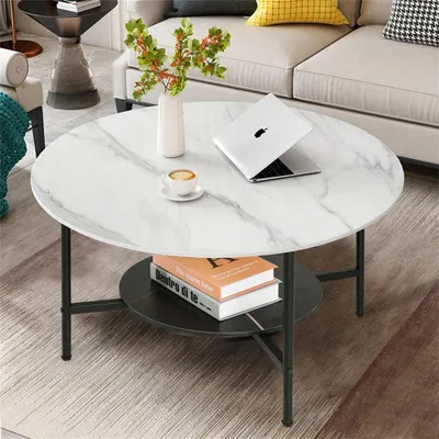 Produktbild von FATIVO Couchtisch Weiß 80×47,5 cm, runder Wohnzimmertisch mit Marmor-Optik, 2 Ablagen, Stauraum, modern, Landhausstil, ausgefallenes Design