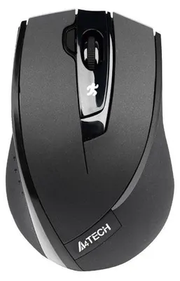 A top-down view of a black computer mouse.